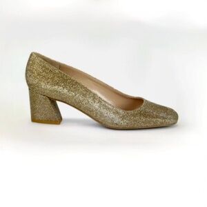Stuart Weitzman Gold Marymid Snake Metallic Block Heel Square sz 7B Retail $350